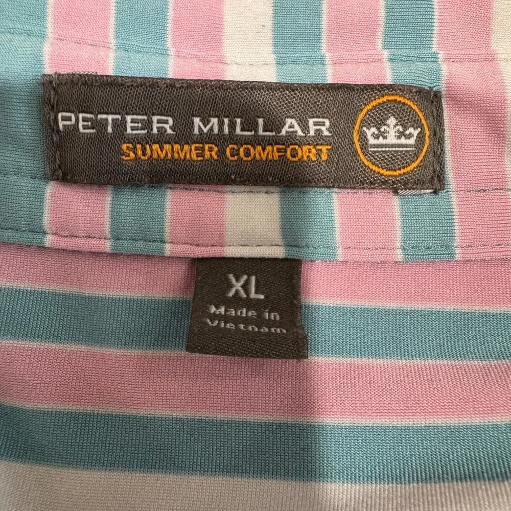 Peter Millar Summer Comfort Men size XL‎ Polo Shirt Pink Blue White Striped Golf